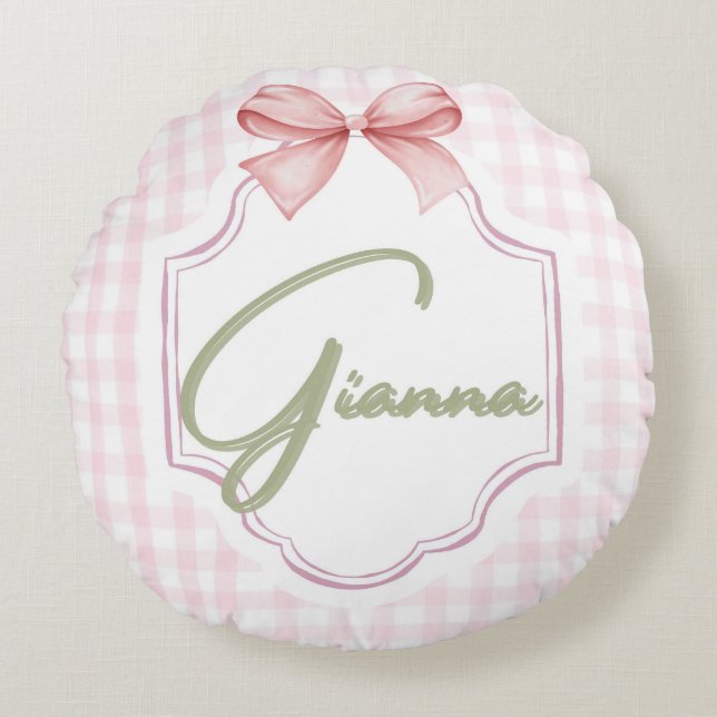 Personalized Gianna Baby Girl Nursery Bow&Gingham  Round Cushion (Front)