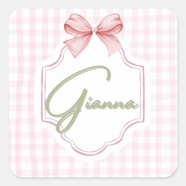 Personalized Gianna Baby Girl Nursery Bow&Gingham  Square Sticker (Front)