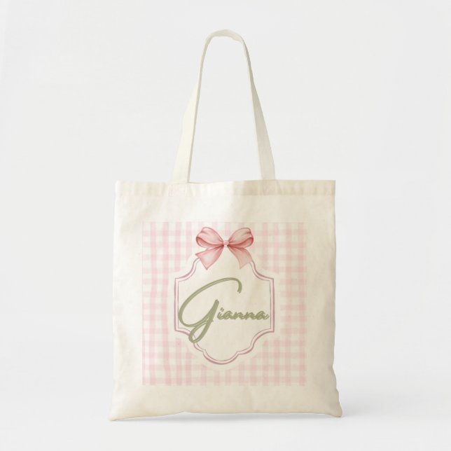 Personalized Gianna Baby Girl Nursery Bow&Gingham  Tote Bag (Front)