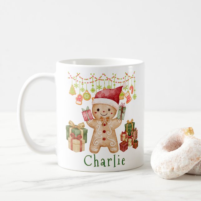 Personalized Gingerbread Cookie Man Christmas Coffee Mug (With Donut)