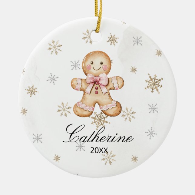 Personalized Gingerbread Cookie Winter Snowflake Ceramic Tree Decoration (Front)