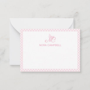 Personalized Gingham Girly Baby Pink Monogram Card