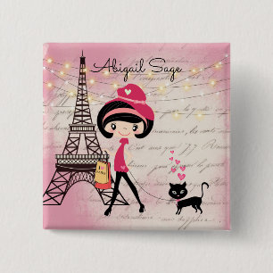 Personalized Girl and Cat in Paris Eiffel Tower 15 Cm Square Badge