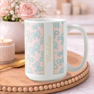 Personalized Girl Cute Bow Name Blue Pink Coffee Mug