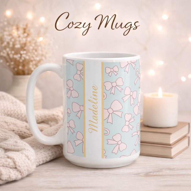 Personalized Girl Cute Bow Name Blue Pink Coffee Mug (Creator Uploaded)