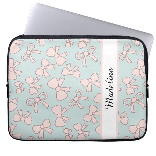 Personalized Girl Cute Bow Name Blue Pink Laptop Sleeve (Front)