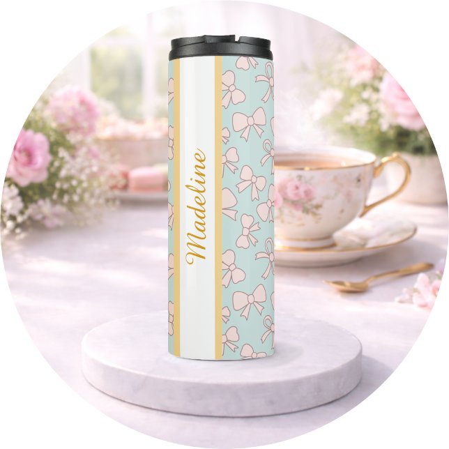 Personalized Girl Cute Bow Name Blue Pink Thermal Tumbler (Creator Uploaded)