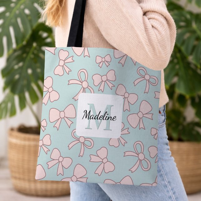 Personalized Girl Cute Bow Name Blue Pink Tote Bag (Creator Uploaded)
