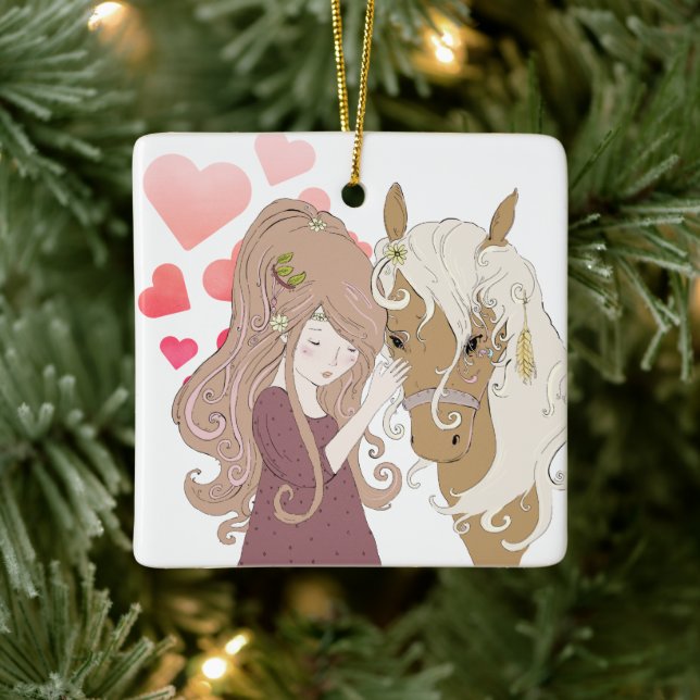 Personalized Girl, Horse and Hearts Christmas Ceramic Ornament (Tree)