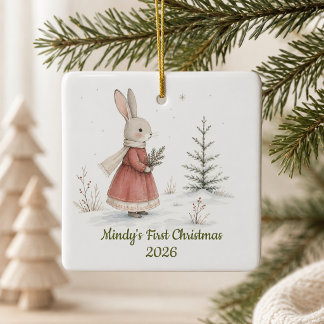 Personalized Girl Rabbit First Christmas Ceramic Ornament