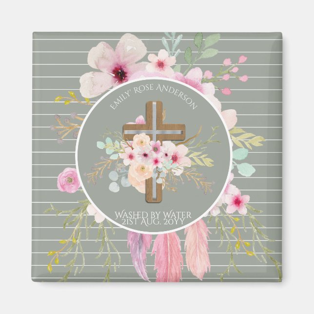Personalized Girls BAPTISM - Floral Cross Sage Magnet (Front)