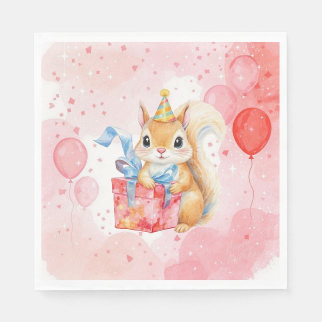 Personalized Girl's Birthday Squirrel Pink and Red Napkin (Front)