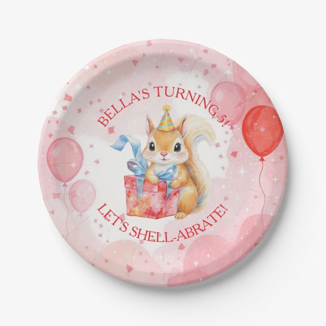 Personalized Girl's Birthday Squirrel Pink and Red Paper Plate (Front)