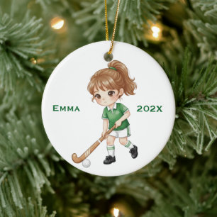 Personalized Girls Field Hockey Player Ceramic Tree Decoration