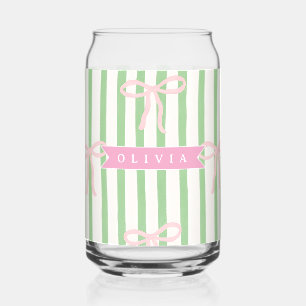 Personalized Girly Coquette Green Stripe Bow Can Glass