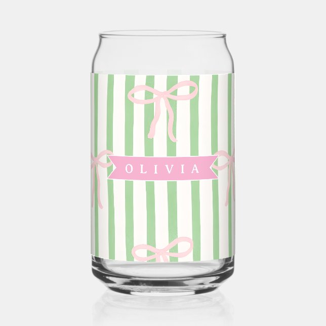 Personalized Girly Coquette Green Stripe Bow Can Glass (Front)