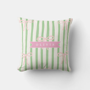 Personalized Girly Coquette Green Stripe Bow Cushion
