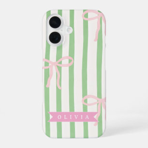 Personalized Girly Coquette Green Stripe Bow iPhone 16 Case