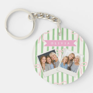 Personalized Girly Coquette Green Stripe Bow Key Ring