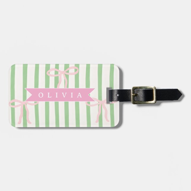 Personalized Girly Coquette Green Stripe Bow Luggage Tag (Front Horizontal)
