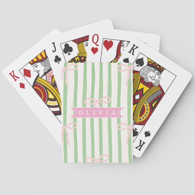 Personalized Girly Coquette Green Stripe Bow Playing Cards (Back)