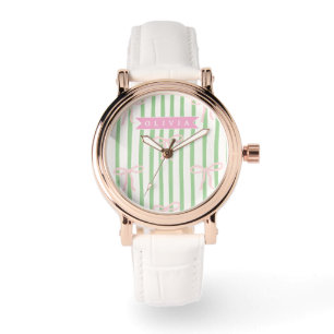 Personalized Girly Coquette Green Stripe Bow Watch