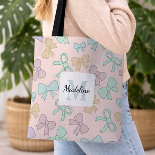Personalized Girly Cute Bow Name Pastel Tote Bag