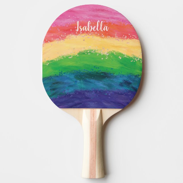 Personalized Girly Glitter Rainbow Ping Pong Paddle (Front)