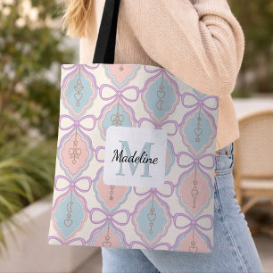 Personalized Girly Pink Pastel Blue Cute Bow Name  Tote Bag