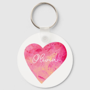 Personalized Girly Pink Watercolor Heart Key Ring