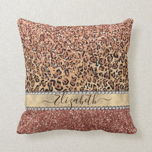 Personalized Girly Rose Gold Glitter Leopard  Name Cushion