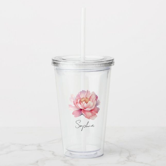 Personalized glass Pink watercolor Peony first nam (Front)