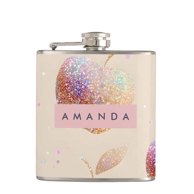 Personalized Glitter Apple Sparkle Fruit Pastel  Hip Flask (Front)