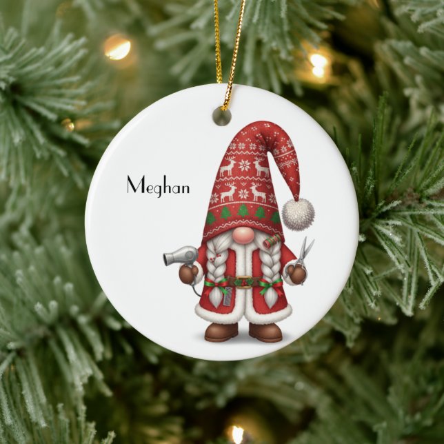 Personalized Gnome Xmas Hair Stylist Ceramic Tree Decoration (Tree)