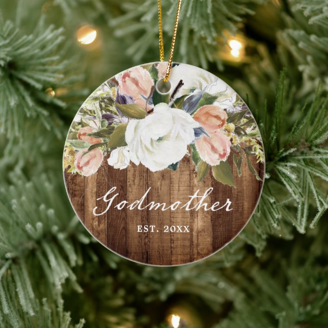 Personalized Godmother Country Woodgrain Christmas Ceramic Tree Decoration (Tree)