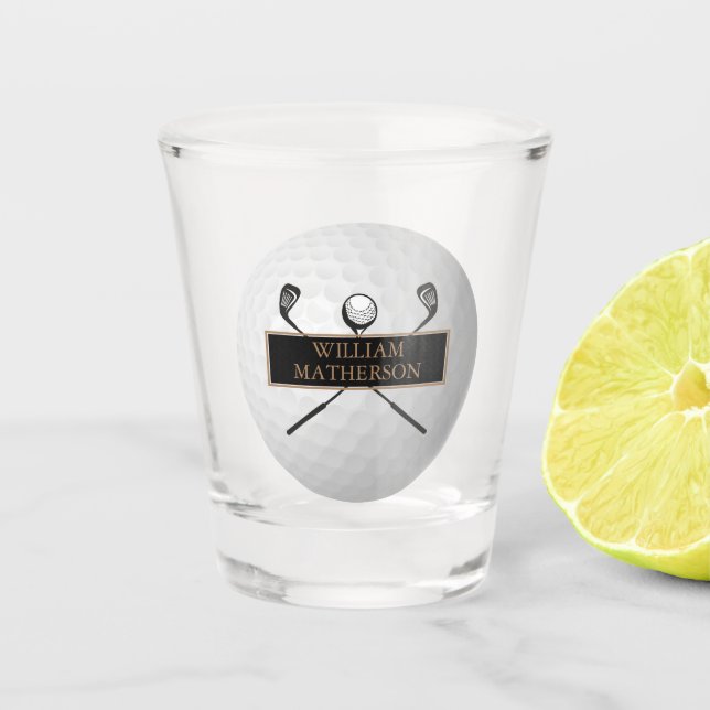 Personalized Gold and Black Golf Ball Classic Shot Glass (Front)