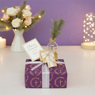 Personalized Gold and Grape Red Magenta Communion Wrapping Paper