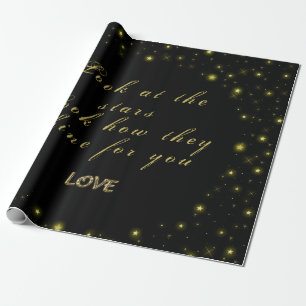 Personalized Gold and sparkles stars on black Wrapping Paper