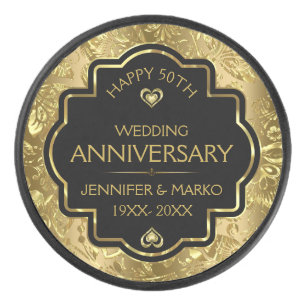 Personalized Gold & Black 50th Wedding Anniversary Hockey Puck