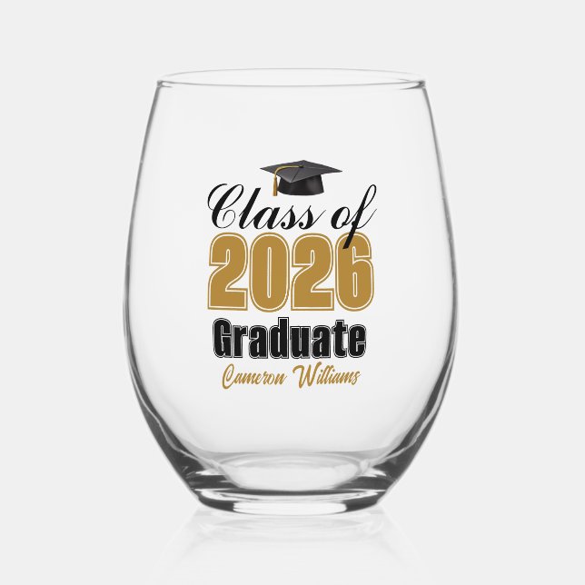 Personalized Gold Black Class of 2026 Graduation Stemless Wine Glass (Front)