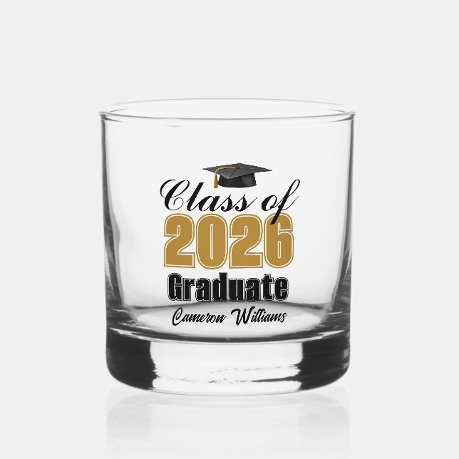 Personalized Gold Black Class of 2026 Graduation Whiskey Glass (Front)