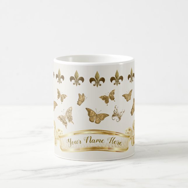 Personalized Gold Butterfly Fleur de Lis 11 oz Coffee Mug (Center)