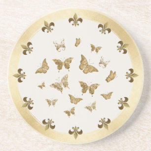 Personalized gold Butterfly Fleur de Lis Coaster