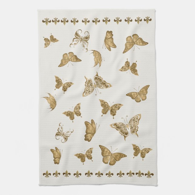 Personalized Gold Butterfly Fleur de Lis Matching Tea Towel (Vertical)