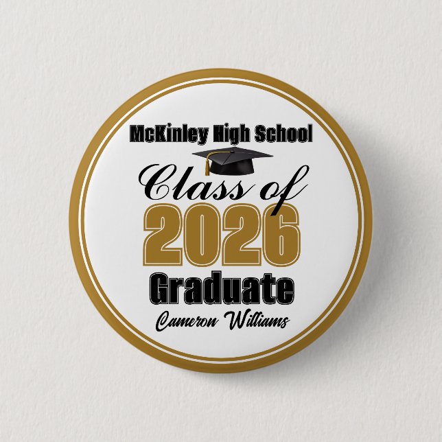 Personalized Gold Class of 2026 Graduation Party 6 Cm Round Badge (Front)