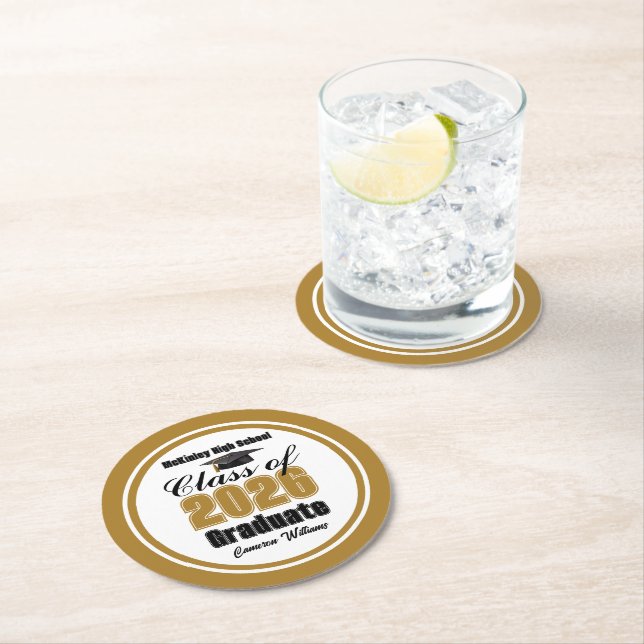 Personalized Gold Class of 2026 Graduation Party Round Paper Coaster (Insitu)