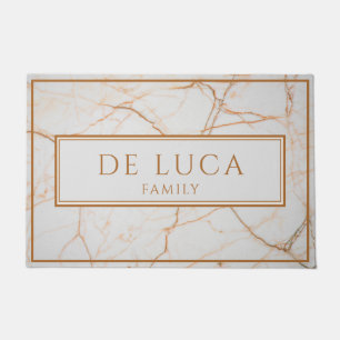 Personalized Gold Family Name Faux White Marble Doormat