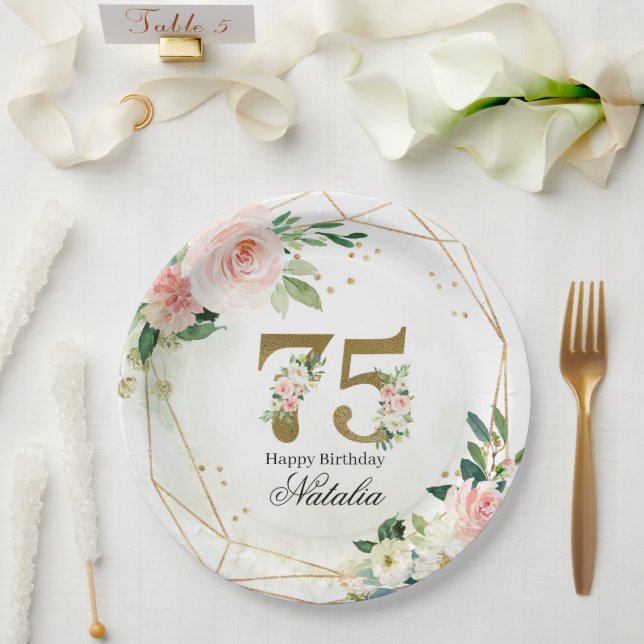 Personalized Gold & Floral 75th Custom Paper Plate (Wedding)
