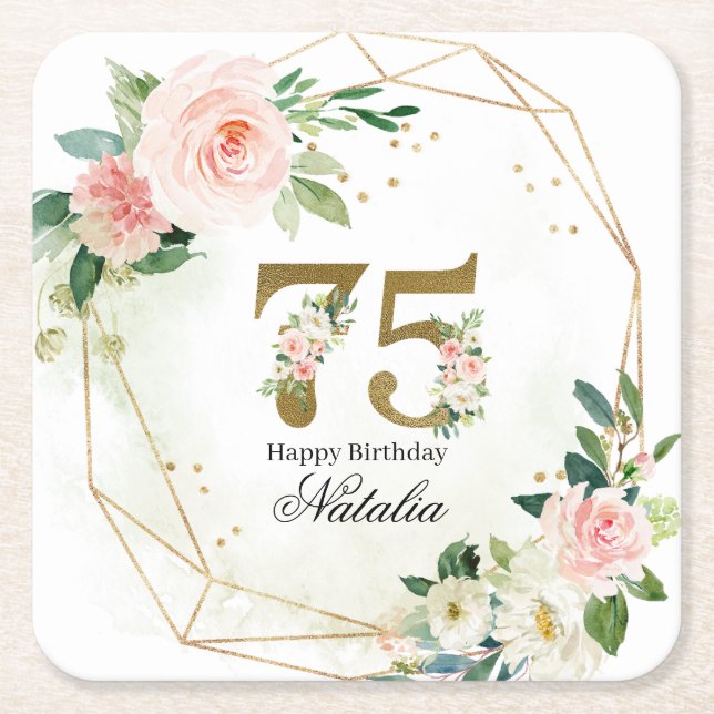 Personalized Gold & Floral 75th Custom Square Paper Coaster (Front)