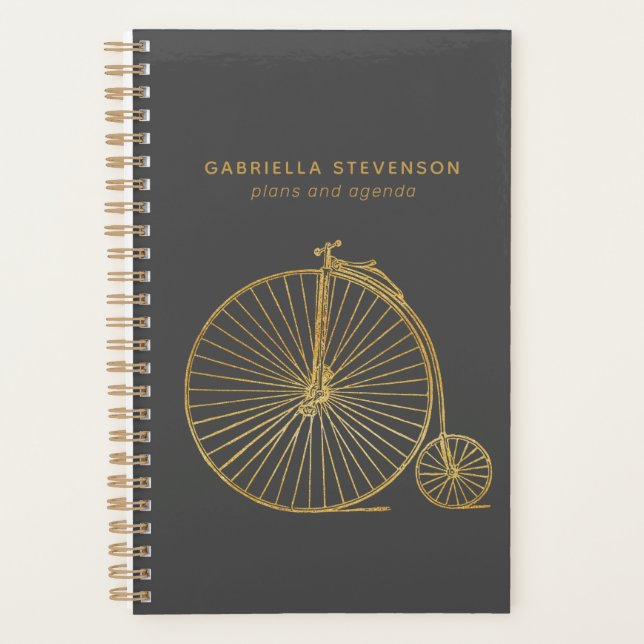 Personalized Gold Glitter Vintage Hipster Unicycle Planner (Front)